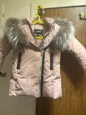 Mackage Blush Pink Hooded Puffer with Faux Fur Trim